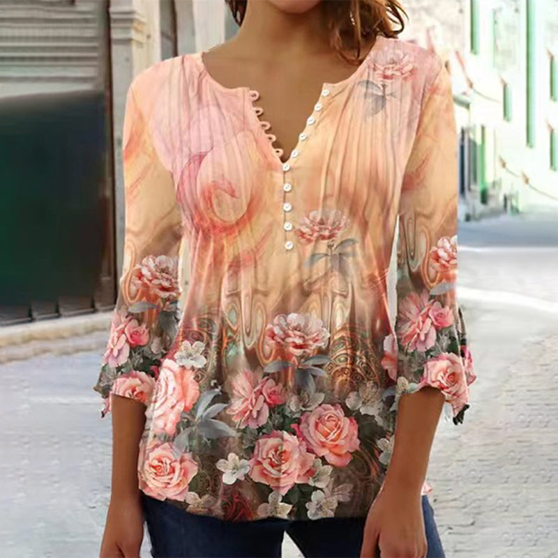 ⏳Time-limited Special⏰Women's Floral Button V-Neck Pleated 3/4 Sleeve T-Shirt