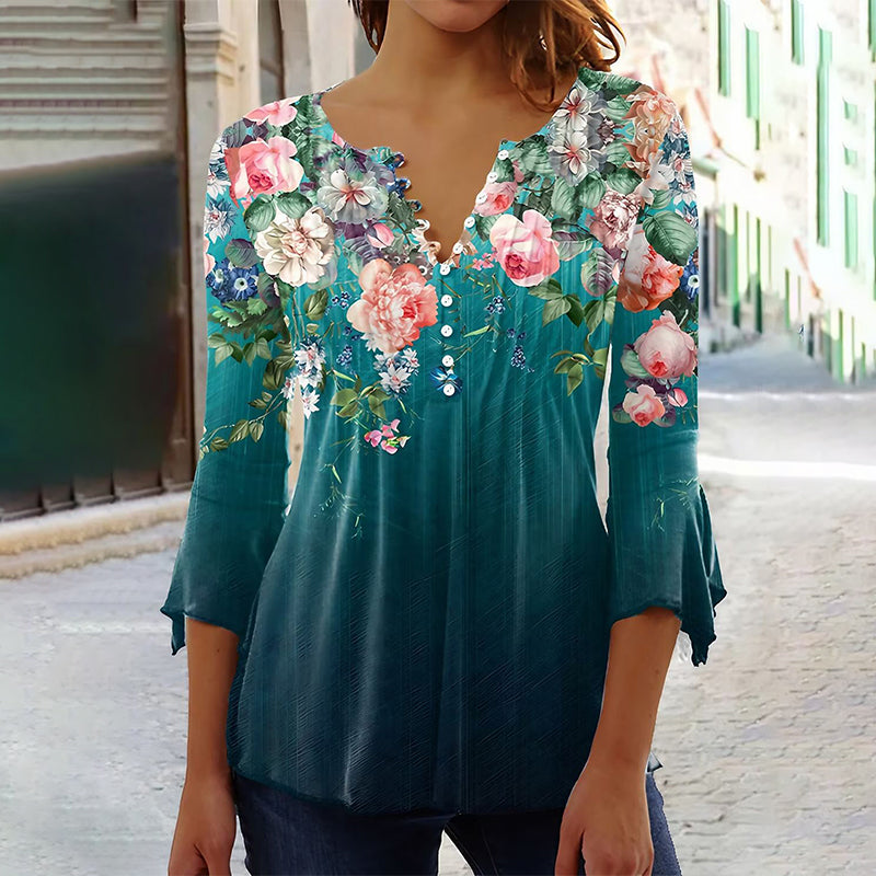 ⏳Time-limited Special⏰Women's Floral Button V-Neck Pleated 3/4 Sleeve T-Shirt
