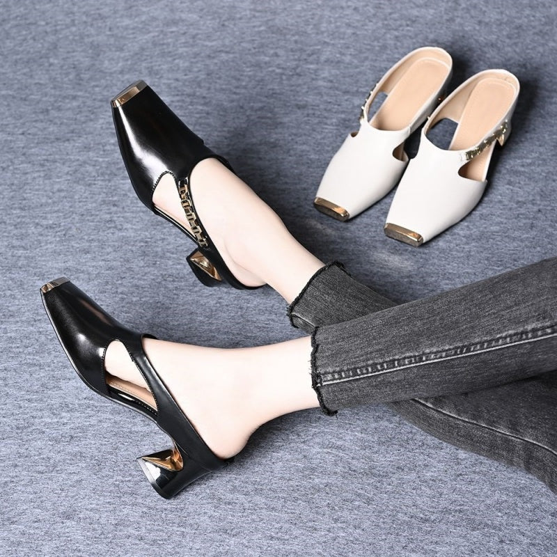 🏖️Summer Specials🌴Women's Casual Metal Square Toe Mid Block Heel Mules