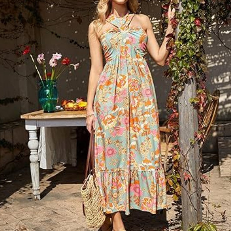 ⏳Time-limited Special⏰Cross Halter Sleeveless Floral Printed Dress💃