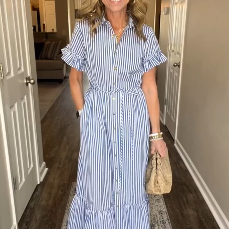 ⏳Time-limited Special⏰Blue & White Striped Ruffled Tie Dress