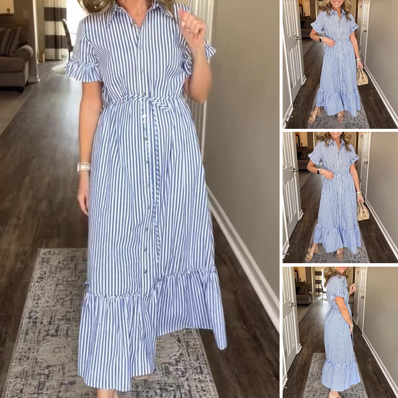 ⏳Time-limited Special⏰Blue & White Striped Ruffled Tie Dress