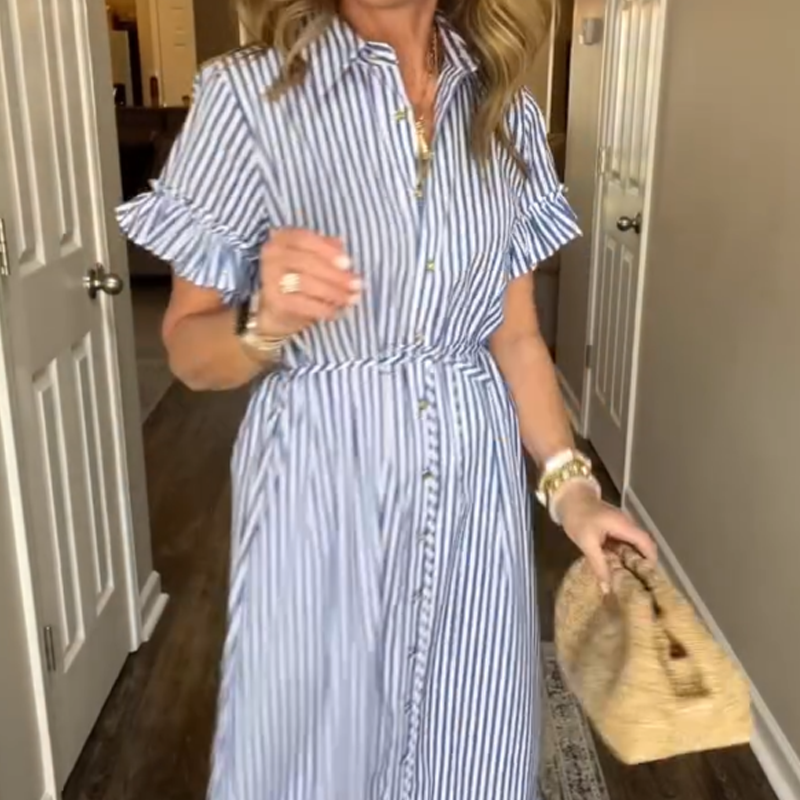 ⏳Time-limited Special⏰Blue & White Striped Ruffled Tie Dress