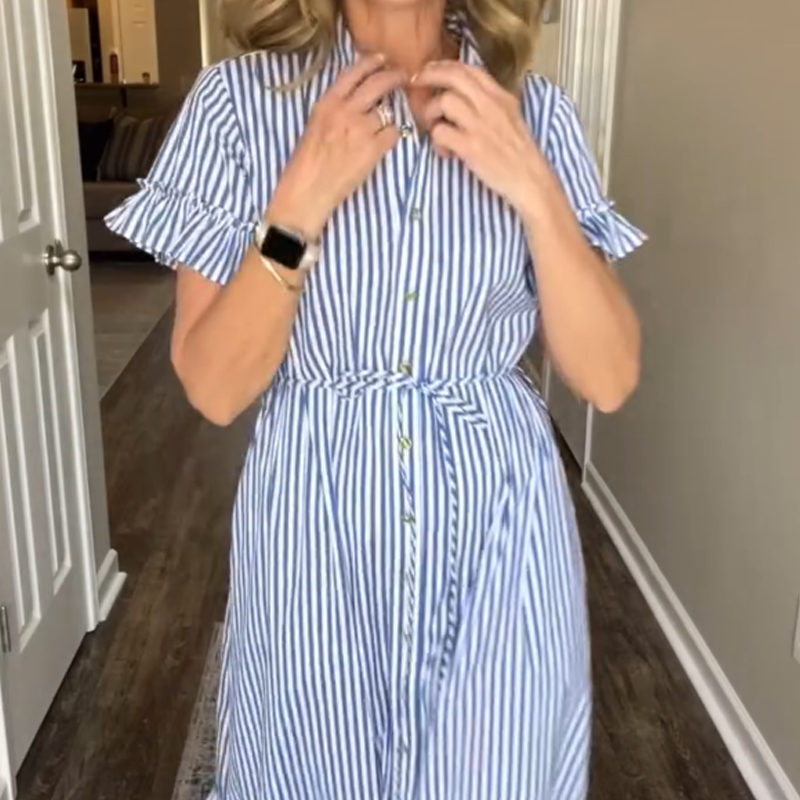 ⏳Time-limited Special⏰Blue & White Striped Ruffled Tie Dress