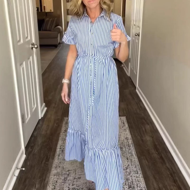 ⏳Time-limited Special⏰Blue & White Striped Ruffled Tie Dress