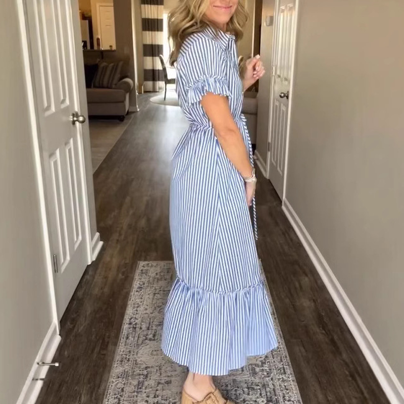 ⏳Time-limited Special⏰Blue & White Striped Ruffled Tie Dress