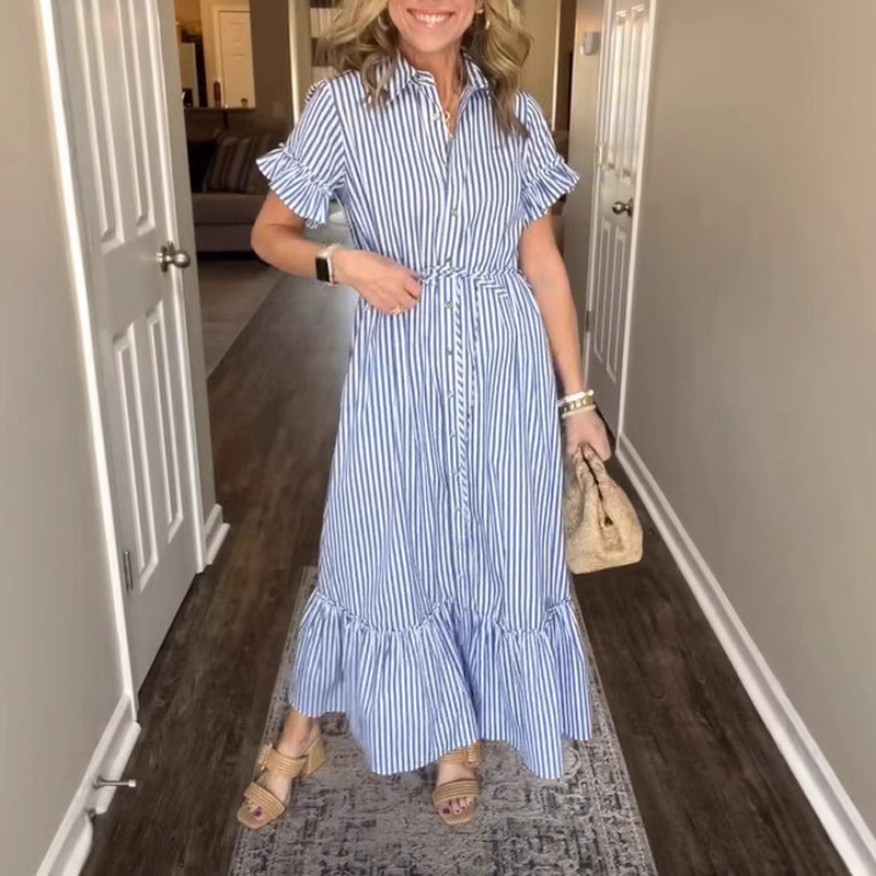 ⏳Time-limited Special⏰Blue & White Striped Ruffled Tie Dress