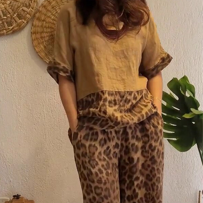 ⏳Time-limited Special⏰Stylish Patchwork Short Sleeve Top & Wide Leg Pants(2 Piece Set)👯
