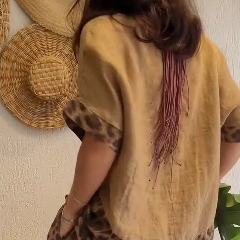 ⏳Time-limited Special⏰Stylish Patchwork Short Sleeve Top & Wide Leg Pants(2 Piece Set)👯