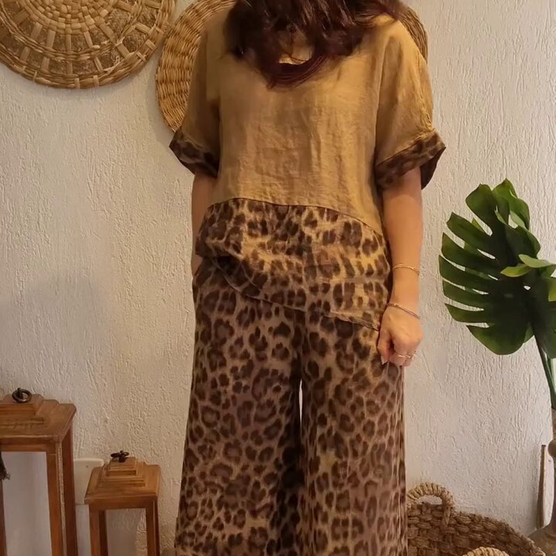 ⏳Time-limited Special⏰Stylish Patchwork Short Sleeve Top & Wide Leg Pants(2 Piece Set)👯