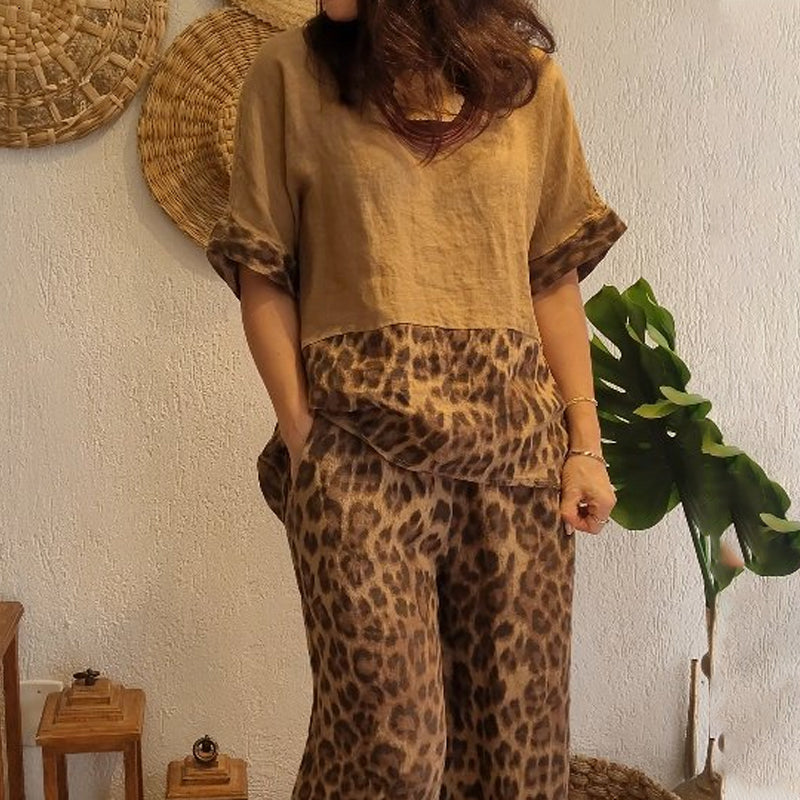 ⏳Time-limited Special⏰Stylish Patchwork Short Sleeve Top & Wide Leg Pants(2 Piece Set)👯