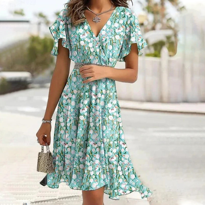 ⏳Time-limited Special⏰Women's Summer Floral Ruffled V-Neck Cinched Waist Midi Dress