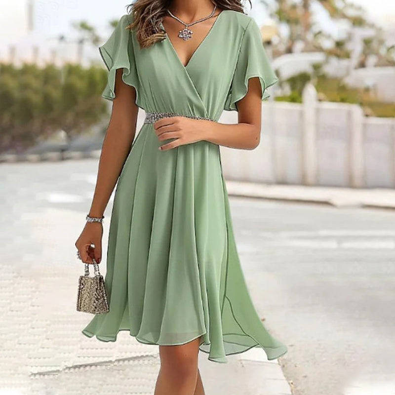 ⏳Time-limited Special⏰Women's Summer Floral Ruffled V-Neck Cinched Waist Midi Dress