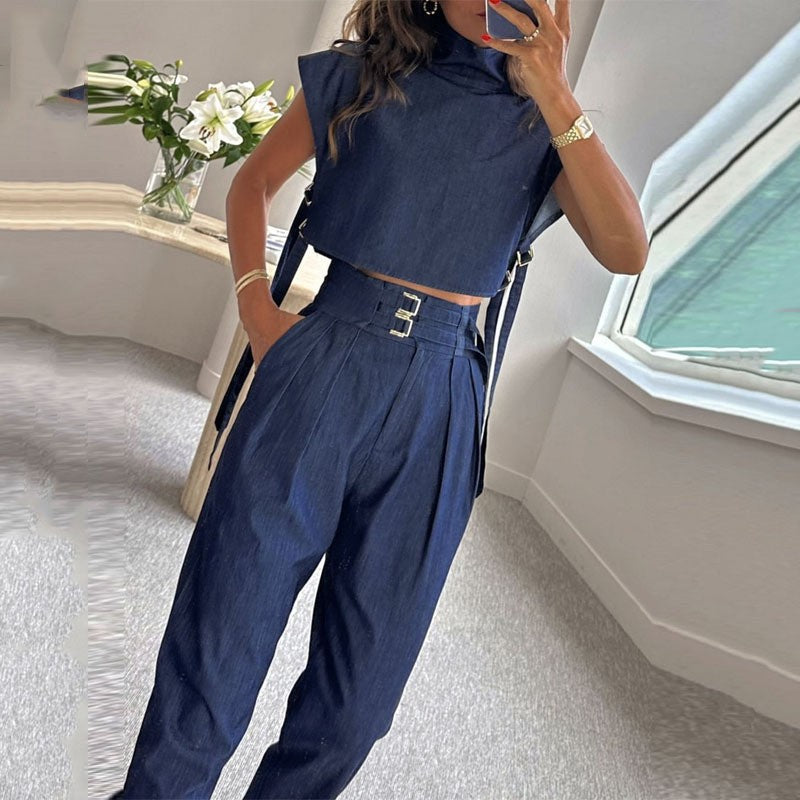 ⏳Time-limited Special⏰Women's Trendy Fashion High-Neck Short Top & High-Waist 3/4 Length Pants Outfits