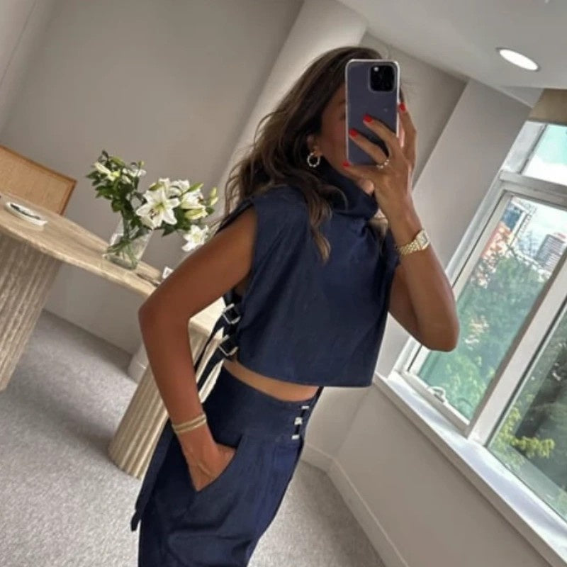 ⏳Time-limited Special⏰Women's Trendy Fashion High-Neck Short Top & High-Waist 3/4 Length Pants Outfits