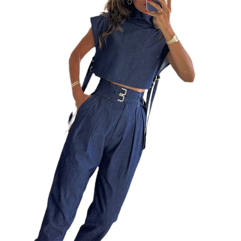 ⏳Time-limited Special⏰Women's Trendy Fashion High-Neck Short Top & High-Waist 3/4 Length Pants Outfits