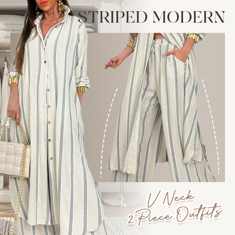 ⏳Time-limited Special⏰Women's Striped Modern V Neck 2 Piece Outfits