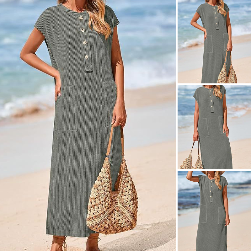 ⏳Time-limited Special⏰Women's Ribbed Knit Henley Maxi Dress