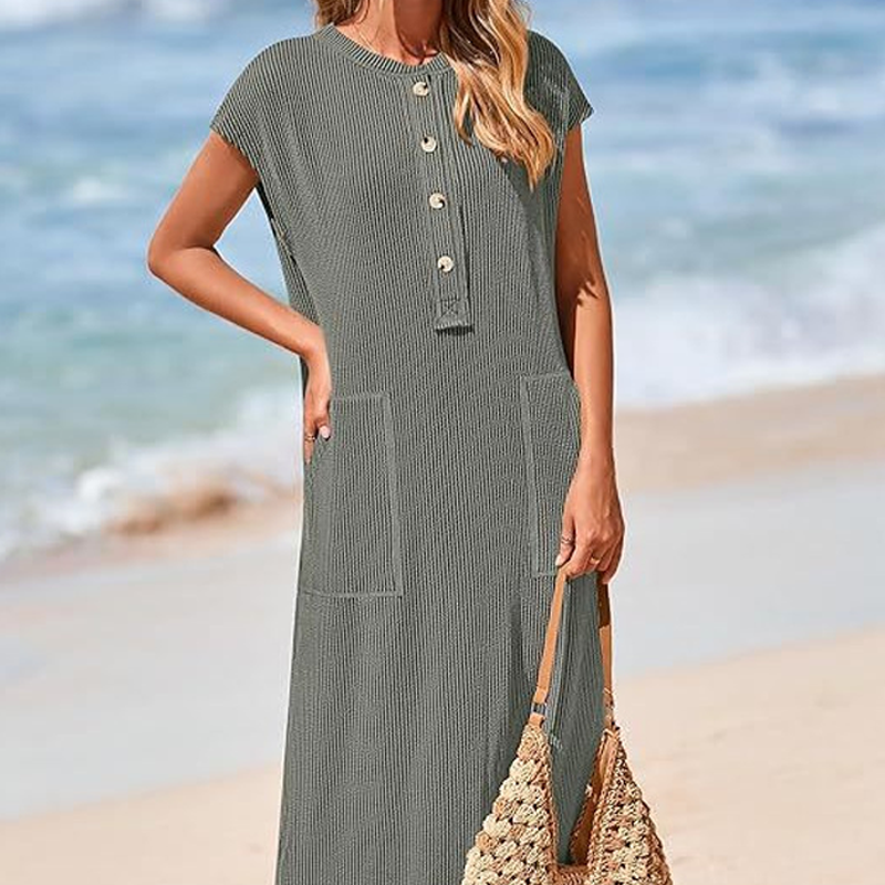 ⏳Time-limited Special⏰Women's Ribbed Knit Henley Maxi Dress