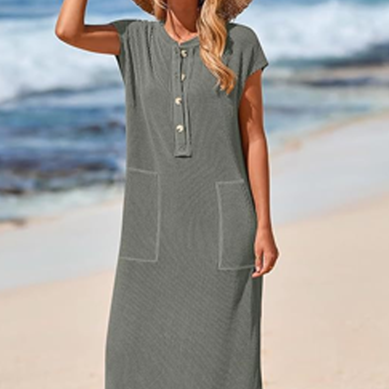 ⏳Time-limited Special⏰Women's Ribbed Knit Henley Maxi Dress