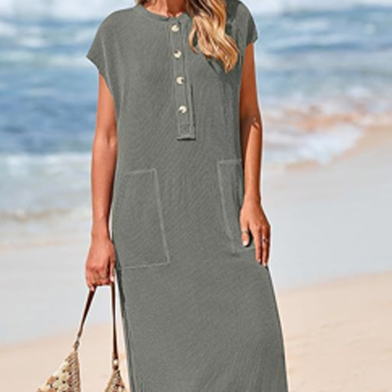 ⏳Time-limited Special⏰Women's Ribbed Knit Henley Maxi Dress
