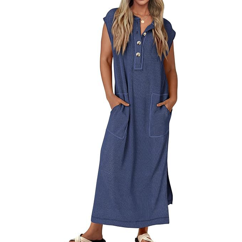 ⏳Time-limited Special⏰Women's Ribbed Knit Henley Maxi Dress