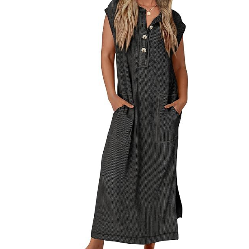 ⏳Time-limited Special⏰Women's Ribbed Knit Henley Maxi Dress
