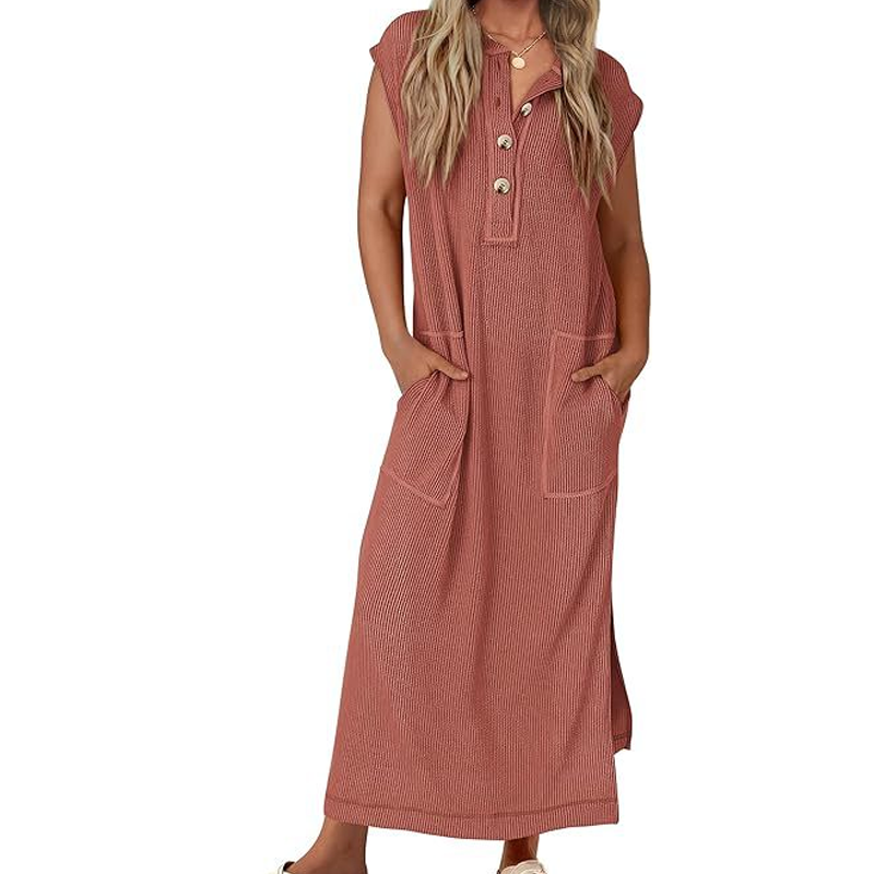 ⏳Time-limited Special⏰Women's Ribbed Knit Henley Maxi Dress