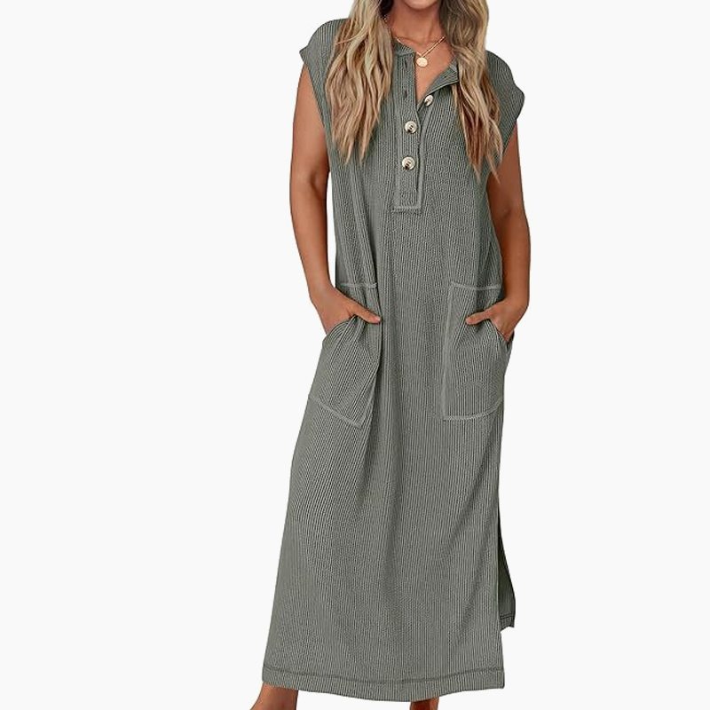 ⏳Time-limited Special⏰Women's Ribbed Knit Henley Maxi Dress