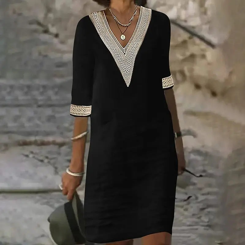 🎉New Product Launch💐– V-neck Lace-trimmed Cotton Linen Dress(49%OFF) spiyle
