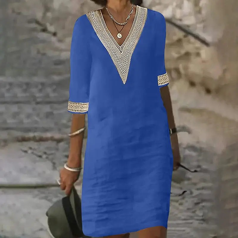 🎉New Product Launch💐– V-neck Lace-trimmed Cotton Linen Dress(49%OFF) spiyle