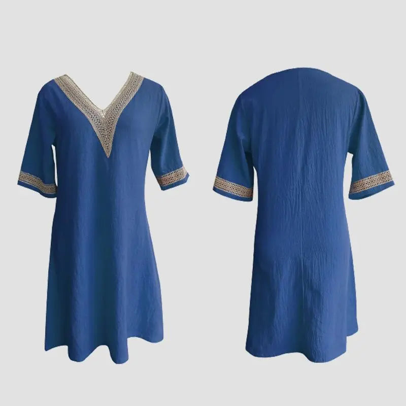 🎉New Product Launch💐– V-neck Lace-trimmed Cotton Linen Dress(49%OFF) spiyle