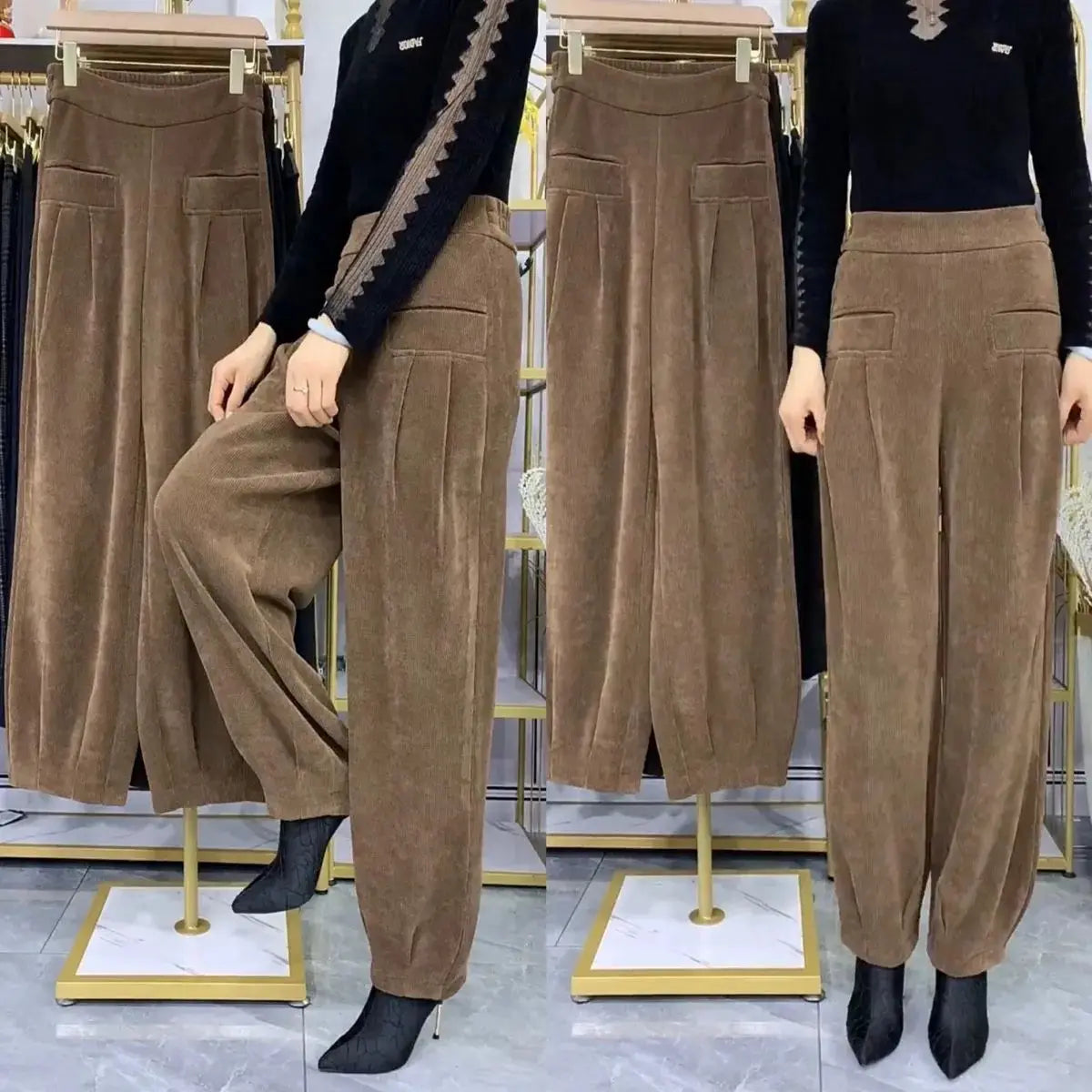 Women’s Vintage High-Waisted Pleated Harem Corduroy Pants spiyle
