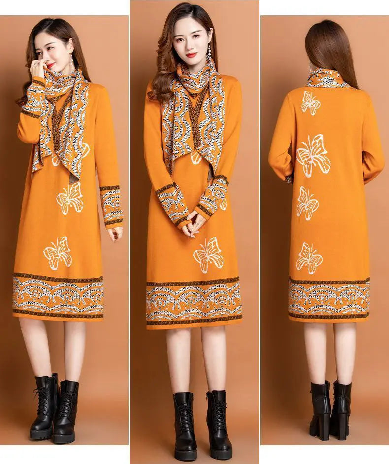 Women’s Knitted Long Dress with Scarf spiyle