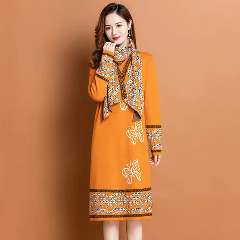 Women’s Knitted Long Dress with Scarf spiyle