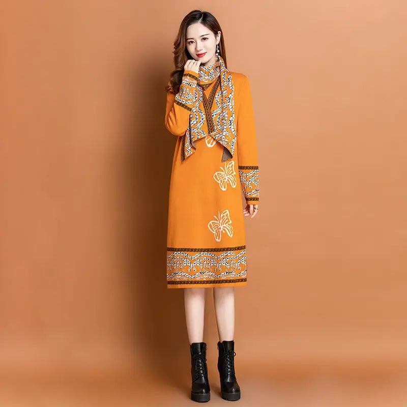 Women’s Knitted Long Dress with Scarf spiyle