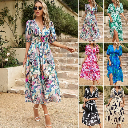 🥳Elegant waist V-neck Floral printed dress spiyle