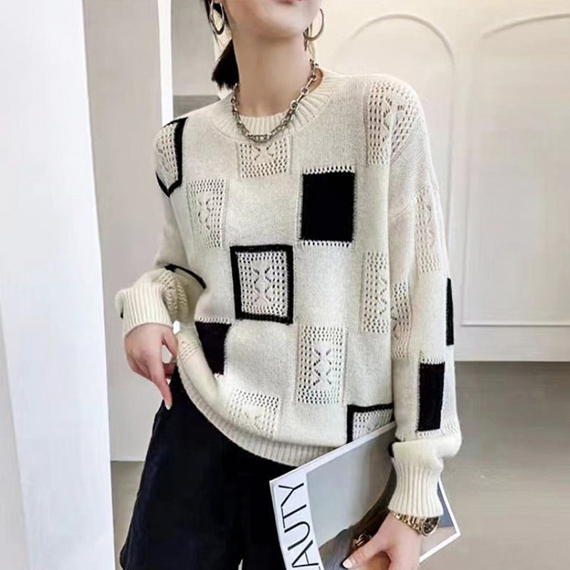 🌸Spring Specials🌸 Women's Color Block Plaid Print Knitted Pullover Sweaters