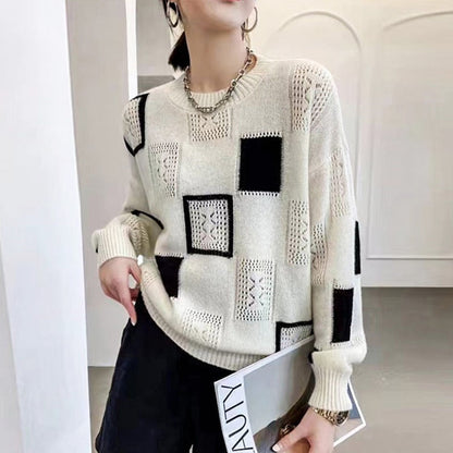 🌸Spring Specials🌸 Women's Color Block Plaid Print Knitted Pullover Sweaters