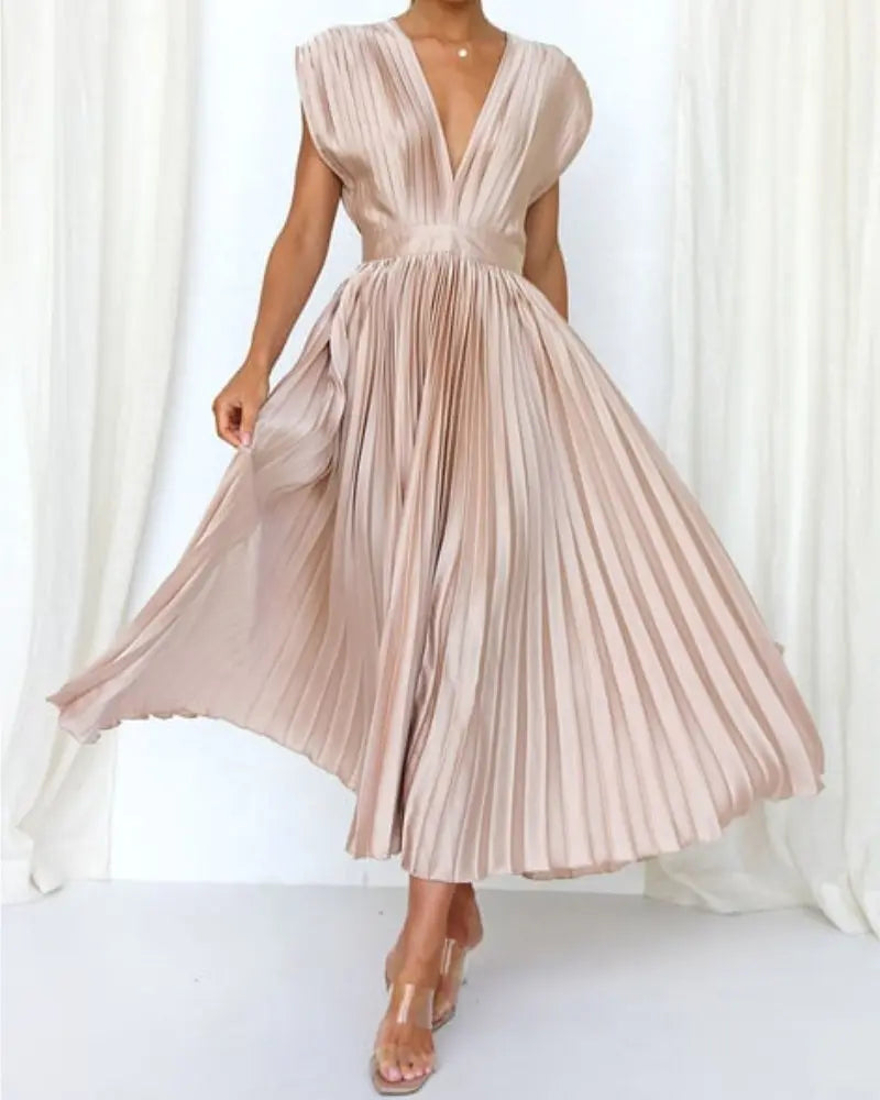 💃Timeless Elegance: Draped V-Neck Pleated Skirt Dress spiyle