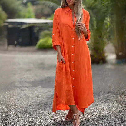 🌸Spring Specials🌸 Women's Casual Solid Color Button Front Linen Shirt Dress