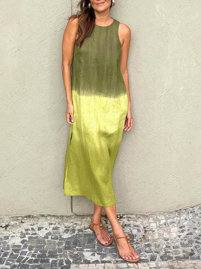 💃BIG SALE ONLY TODAY! - Women's casual cotton and linen sleeveless slit gradient tie-dye long dress spiyle