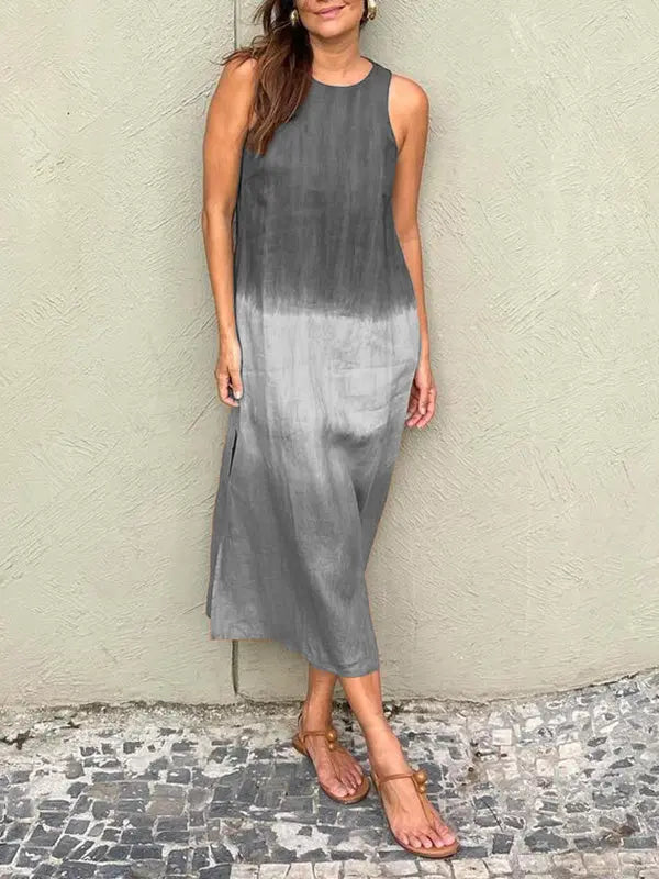 💃BIG SALE ONLY TODAY! - Women's casual cotton and linen sleeveless slit gradient tie-dye long dress spiyle