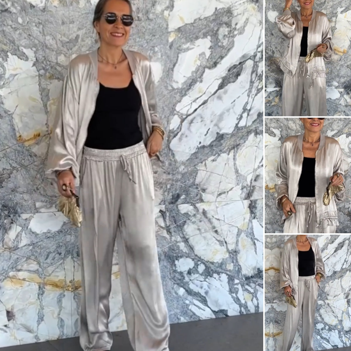 🌸Spring Specials🌸 Women's Round Neck Satin Zipper Casual (2-Piece Suit)