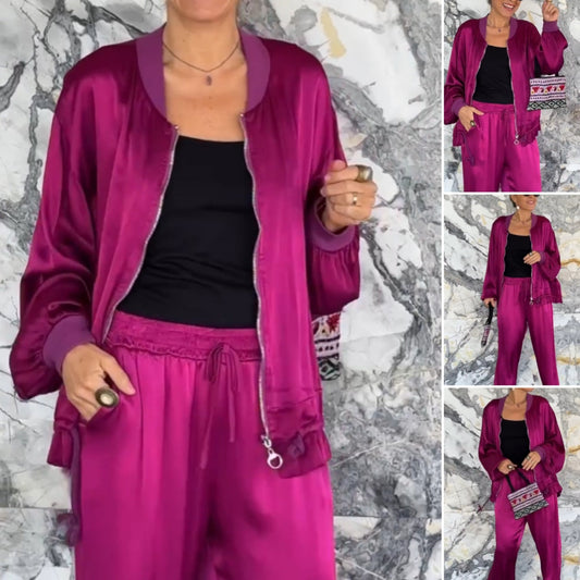 🌸Spring Specials🌸 Women's Round Neck Satin Zipper Casual (2-Piece Suit)