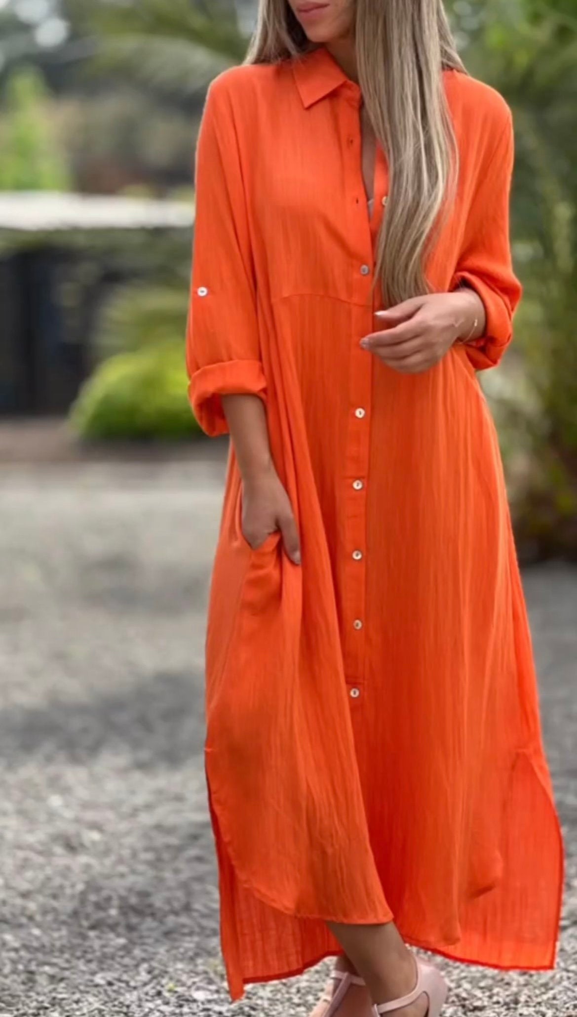 🌸Spring Specials🌸 Women's Casual Solid Color Button Front Linen Shirt Dress