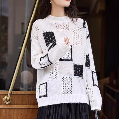 🌸Spring Specials🌸 Women's Color Block Plaid Print Knitted Pullover Sweaters