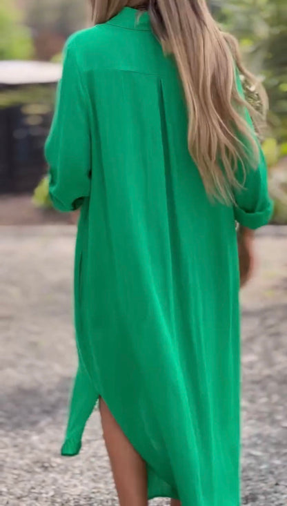 🌸Spring Specials🌸 Women's Casual Solid Color Button Front Linen Shirt Dress