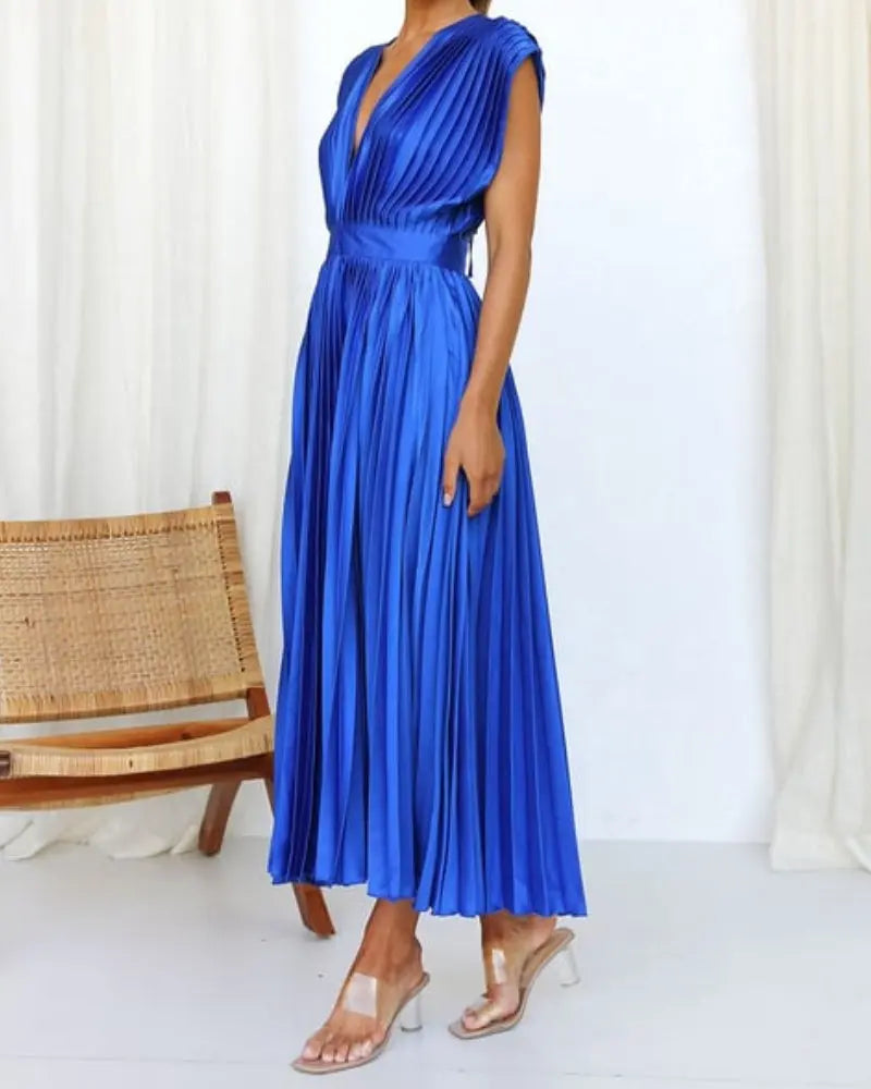 💃Timeless Elegance: Draped V-Neck Pleated Skirt Dress spiyle