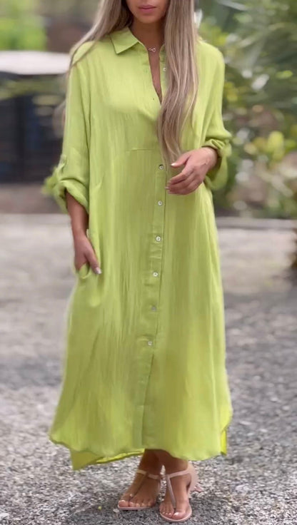 🌸Spring Specials🌸 Women's Casual Solid Color Button Front Linen Shirt Dress